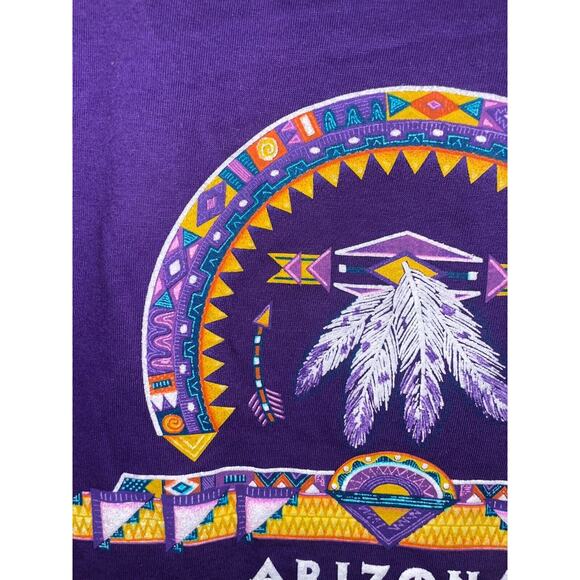 Vintage Arizona Shirt Native Art Artwork Feathers Graphic Purple Tee VTG 90s L - Picture 2 of 11